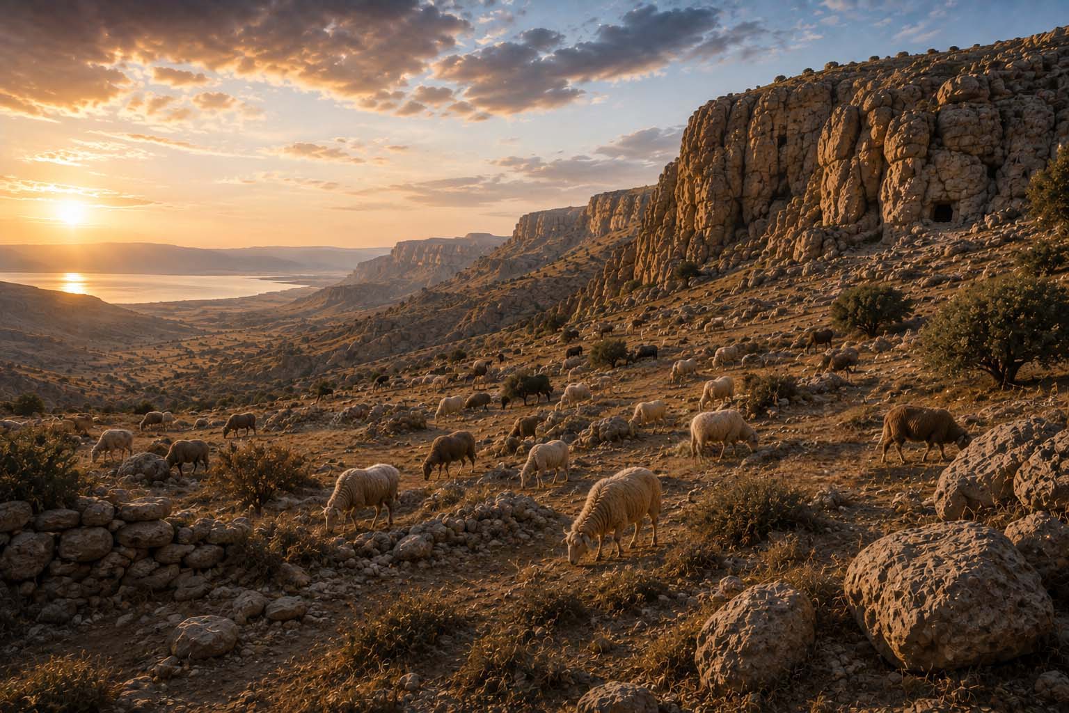 Reconstructed grazing ground near the Qumran cliffs overlooking the Dead Sea