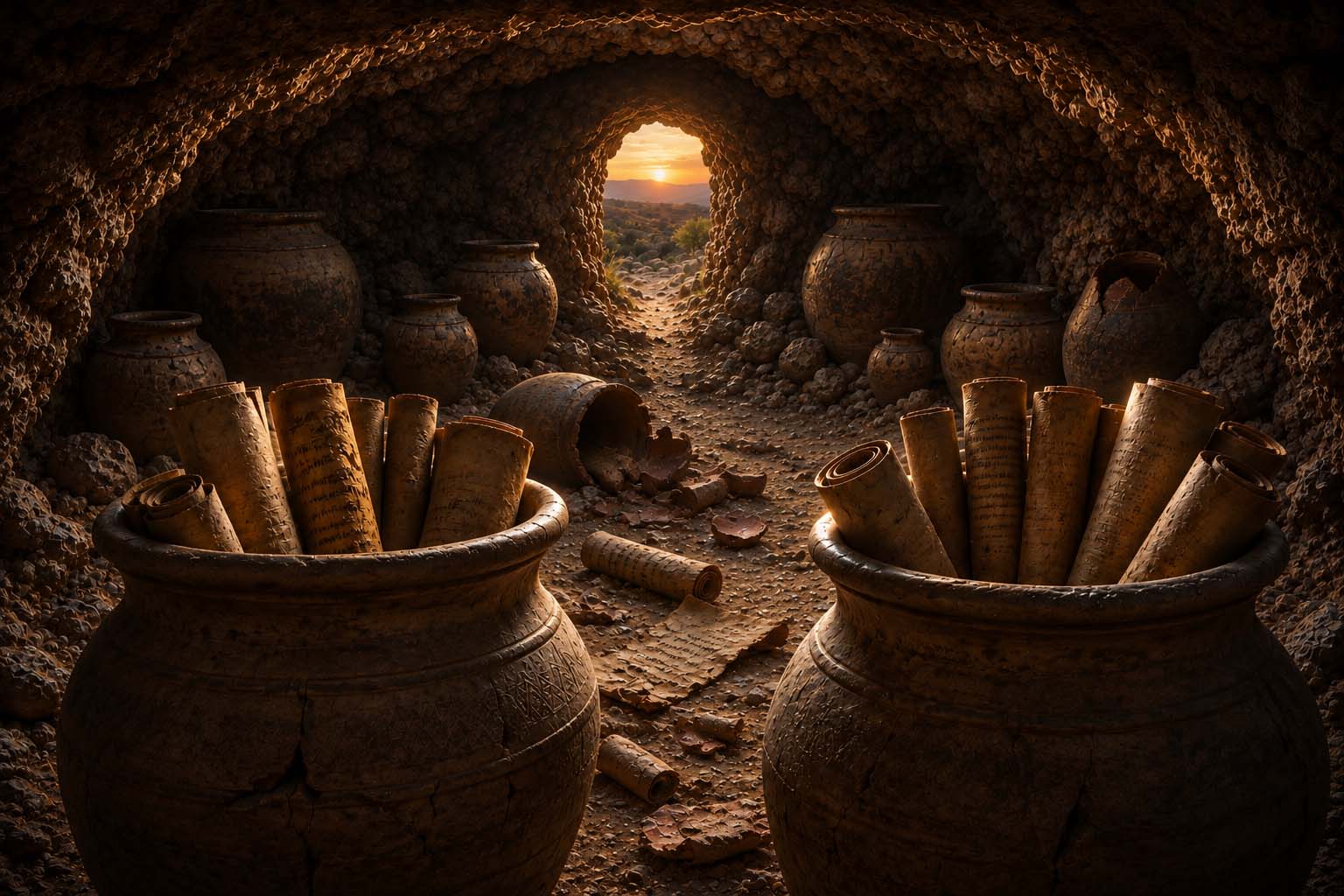 Viewpoint 5, inside the cave with two jars of ancient scrolls in the foreground