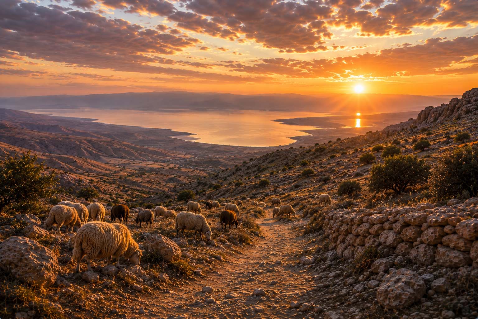 Viewpoint 7, the descending mountain path and flock at sunset
