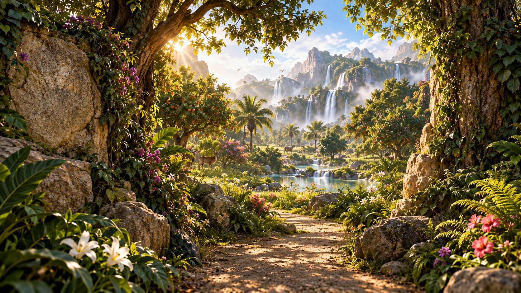 A lush interpretive reconstruction of the Garden of Eden used as the entrance to the Walk Through Eden experience.