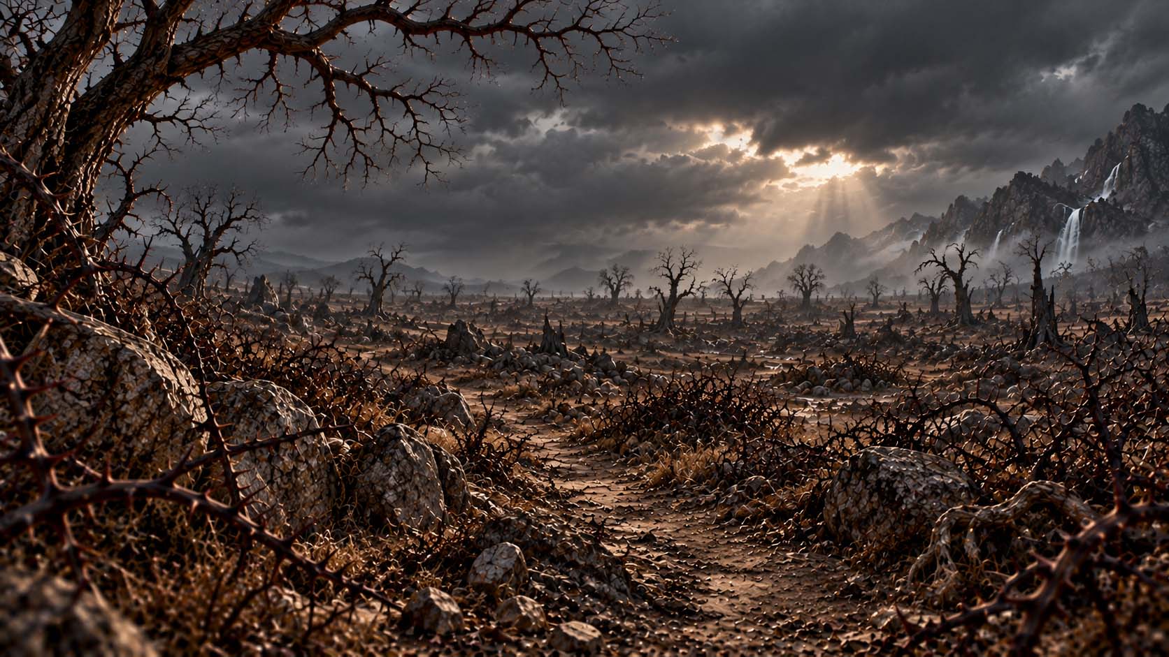 A barren field of rocks, thorns, and dead plants