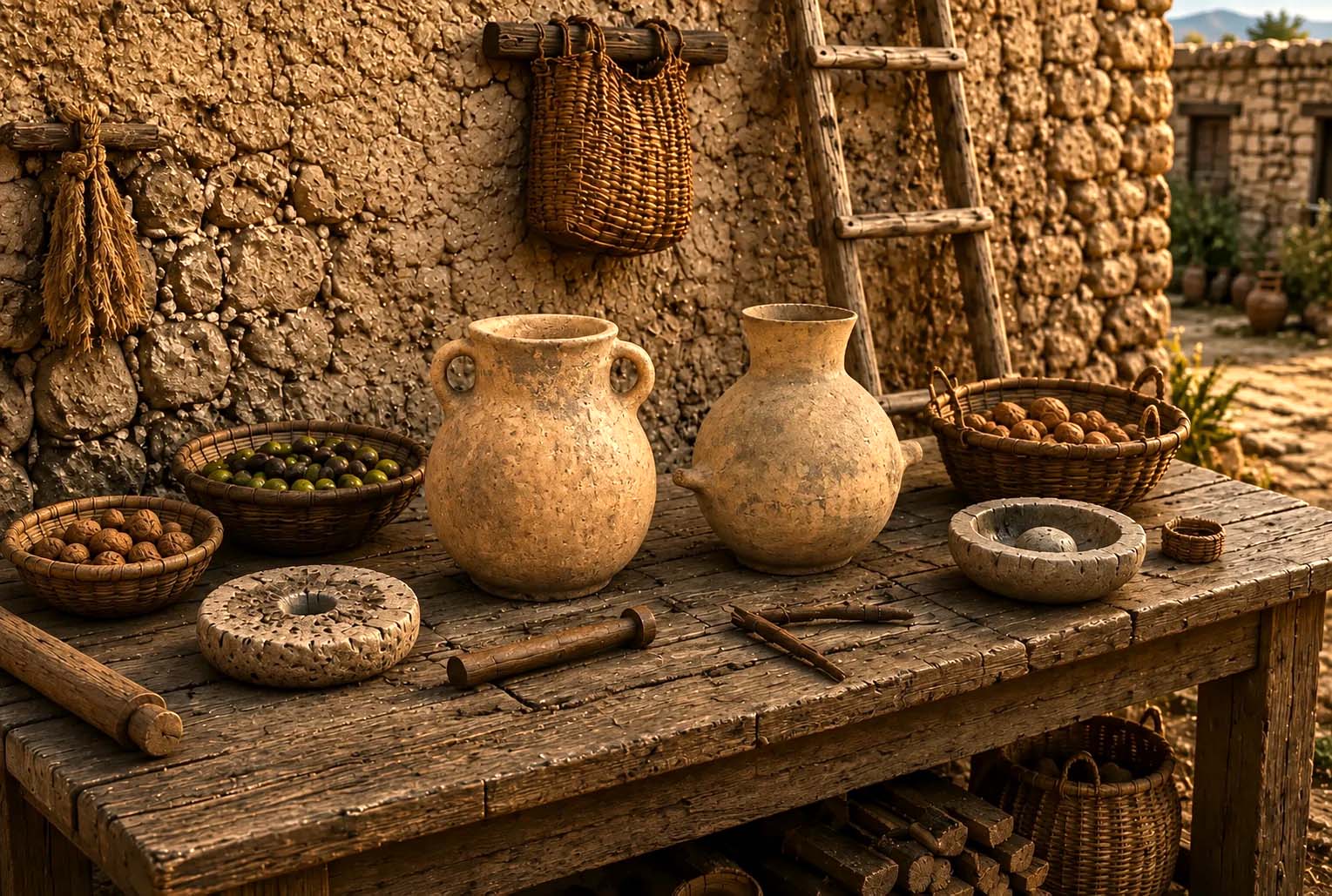Reconstructed Early Bronze Age merchant table against a settlement wall