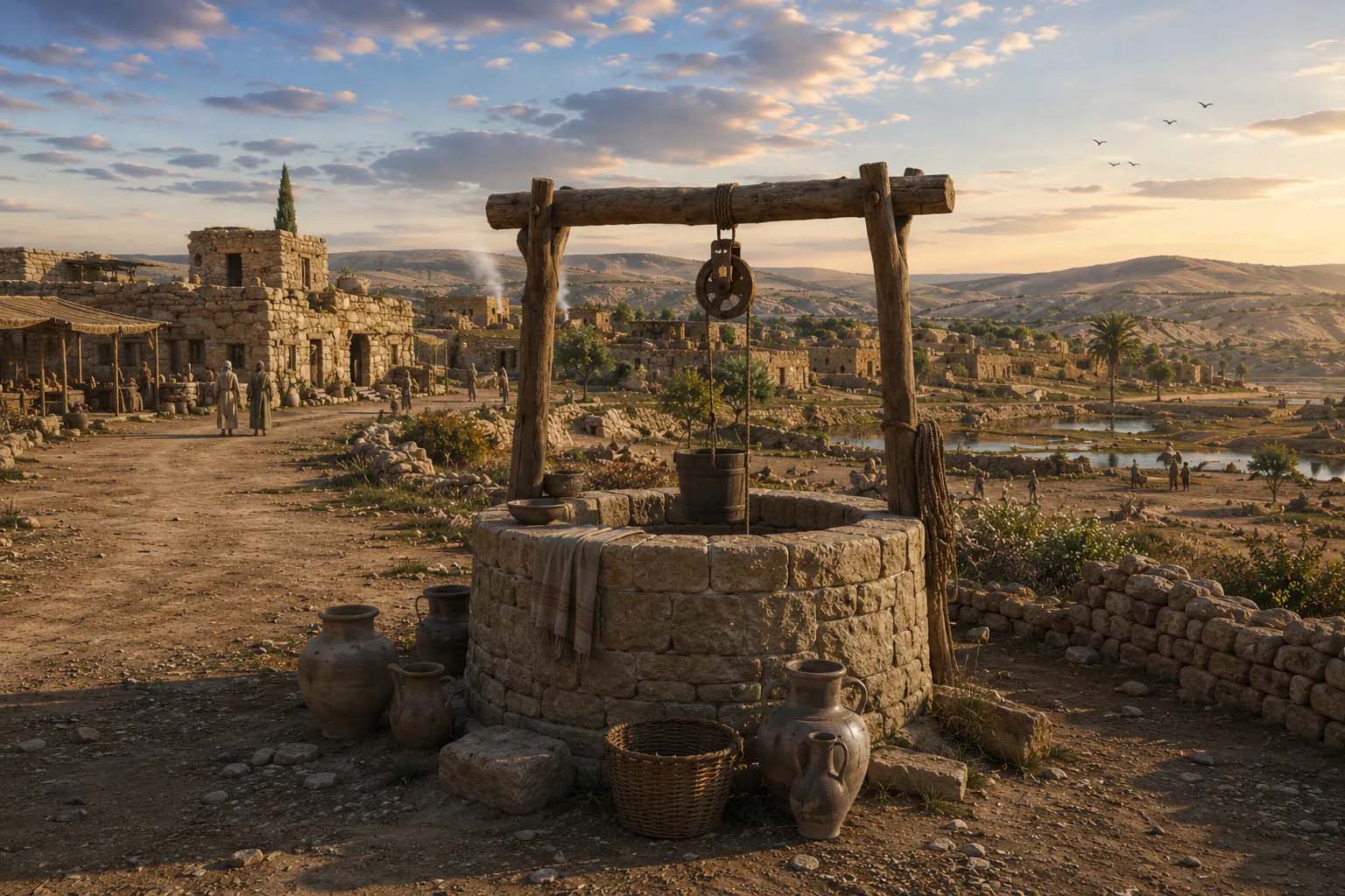 Viewpoint 2, standing at the stone well overlooking the settlement