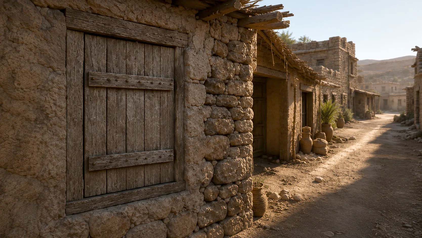 Ancient settlement with the wooden shutter closed