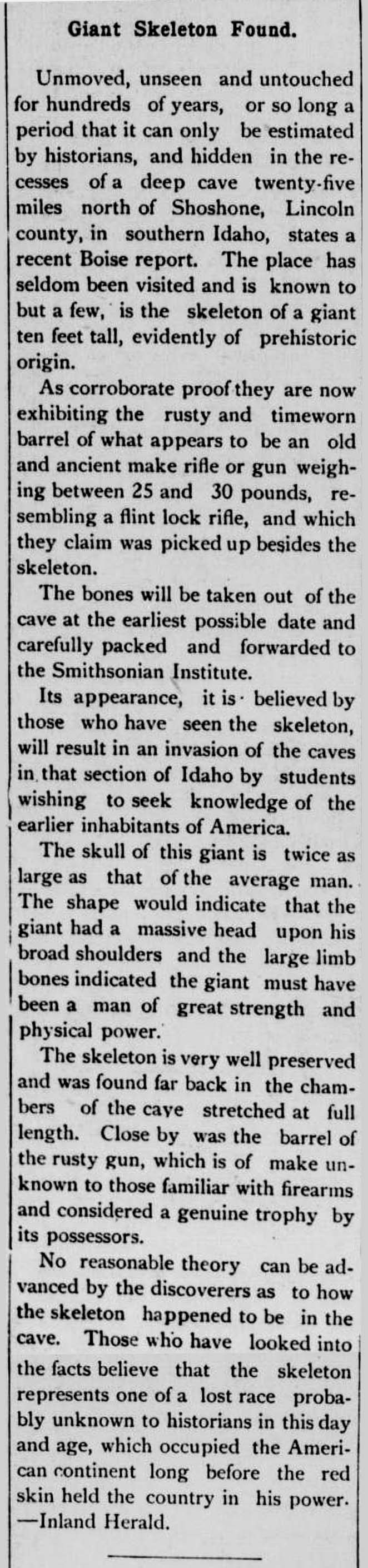 Giant Skeleton Found clipping from The Rathdrum Tribune