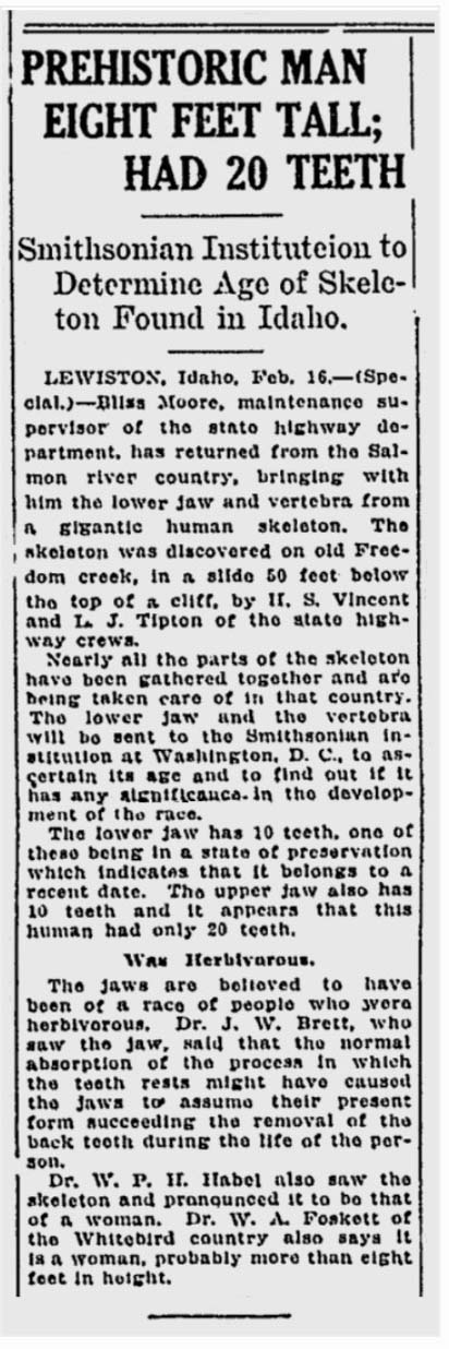 1924 Spokane Daily Chronicle report on the Salmon River skeleton Full-size 1924 Spokane Daily Chronicle clipping reporting the Salmon River skeleton discovery