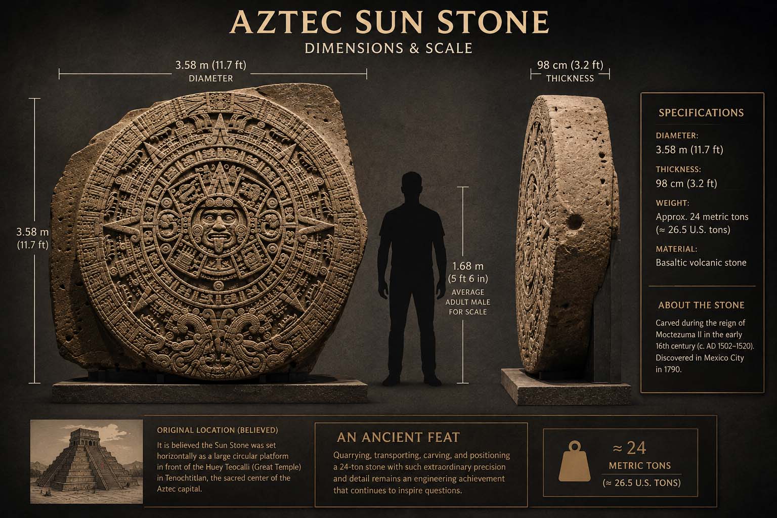 Aztec Sun Stone dimensions and scale comparison with a 5 foot 6 inch human silhouette