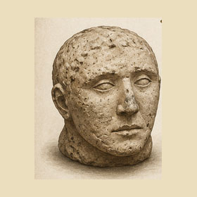 Illustrated limestone human head