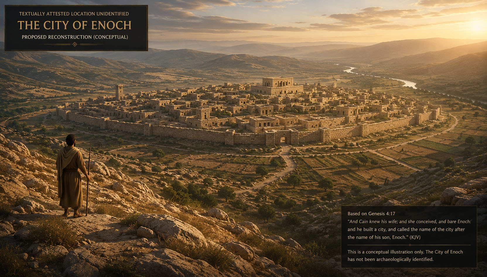 Conceptual museum illustration of the biblical City of Enoch viewed from a mountain ridge toward a stone settlement in a broad valley