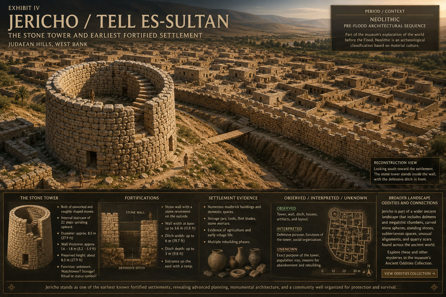 Conceptual reconstruction of ancient Tell es-Sultan showing the stone tower, wall, ditch and surrounding settlement