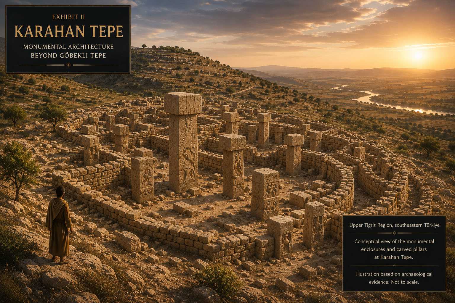 Museum reconstruction of Karahan Tepe showing stone architecture and carved pillars in the Tek Tek Mountains of southeastern Türkiye