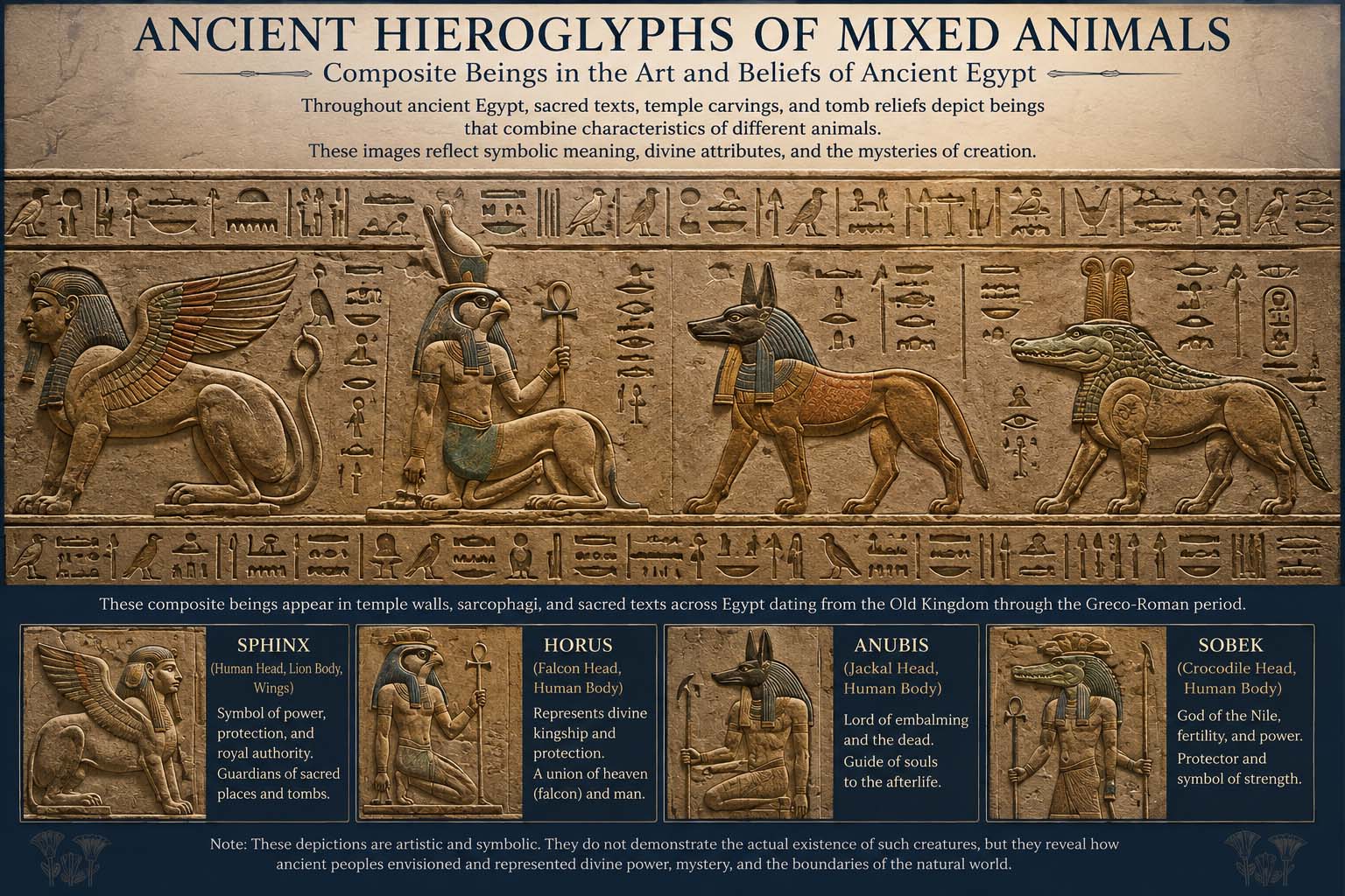 Interpretive museum plate showing composite forms associated with ancient Egyptian iconography.