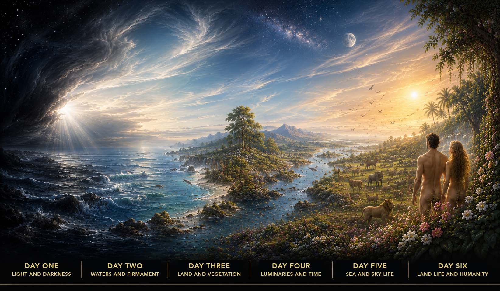 The Ordering of the World, a panoramic illuminated presentation of the six days of Creation, progressing from light and darkness through the ordered heavens, land, vegetation, living creatures, and humanity.