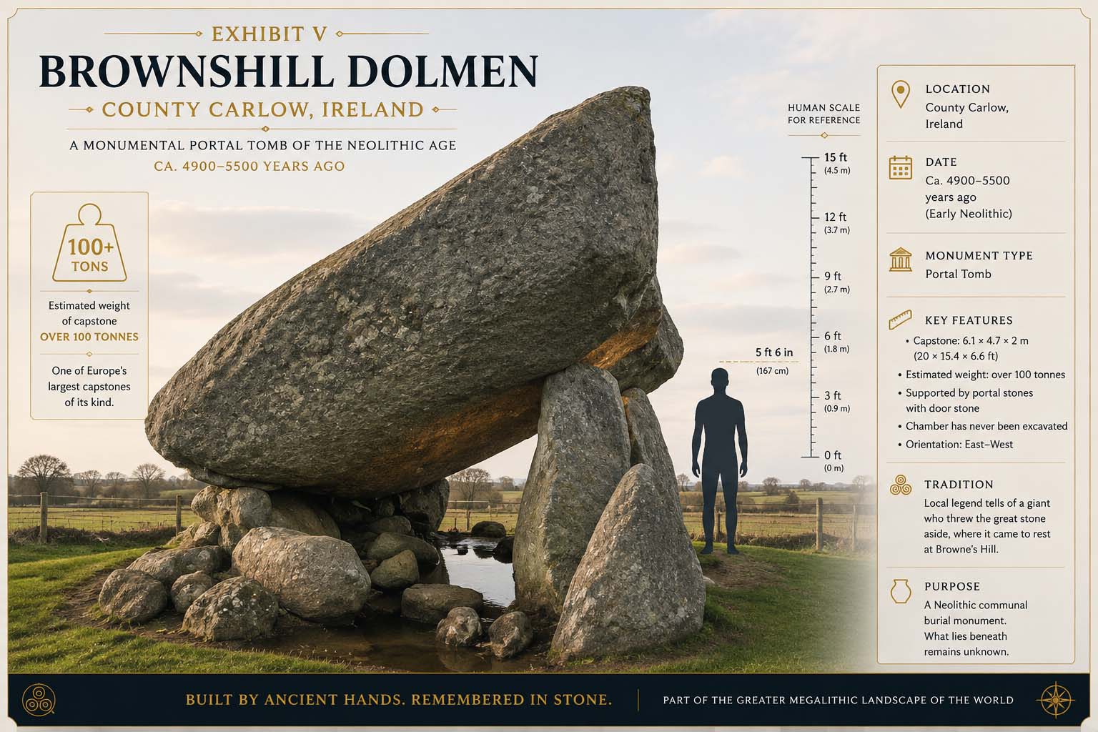 Museum illustration of Brownshill Dolmen in County Carlow, Ireland, with a measured human silhouette for scale