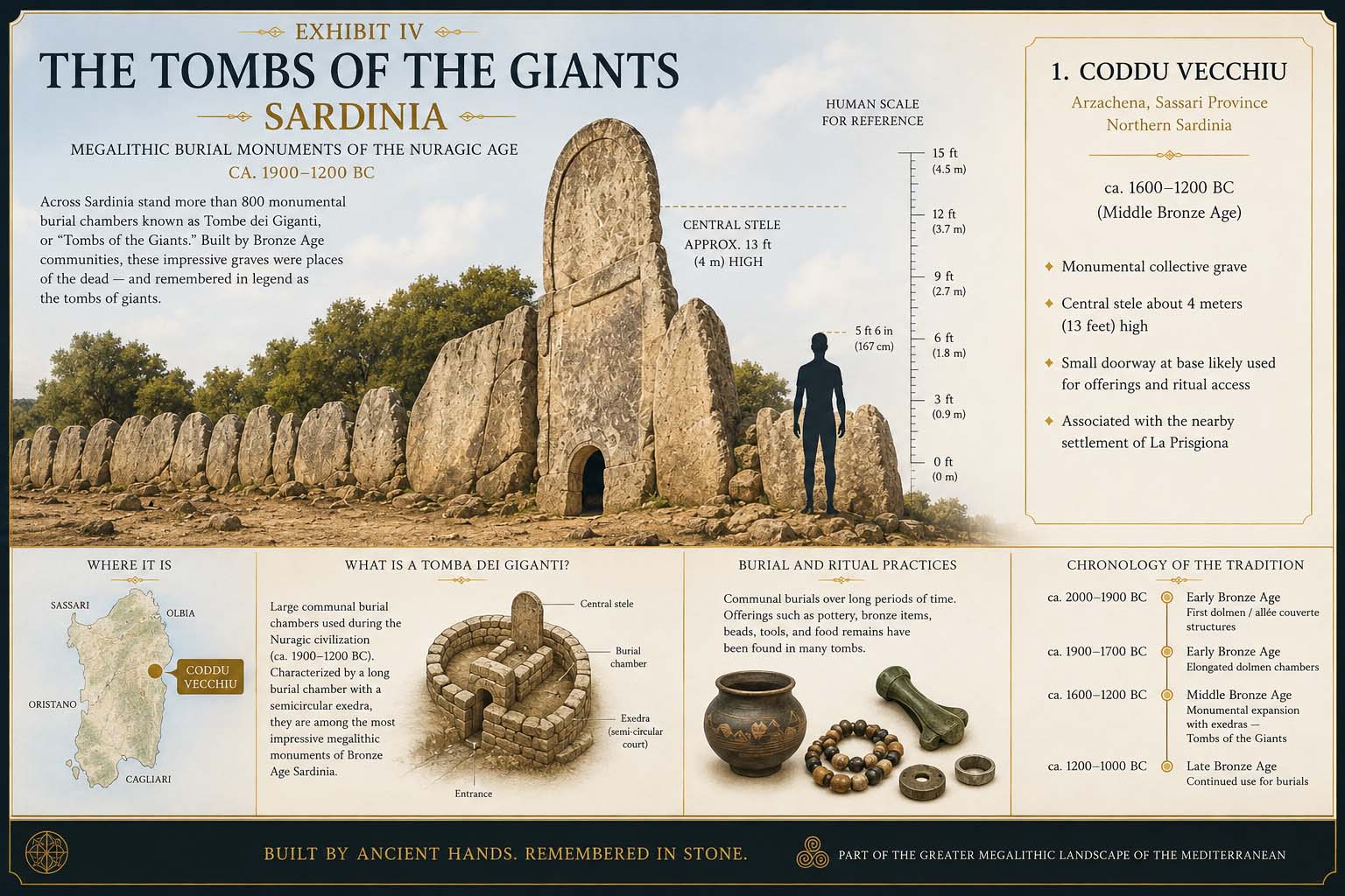 Museum illustration of Coddu Vecchiu in Sardinia with a five foot six inch human silhouette and measurement scale