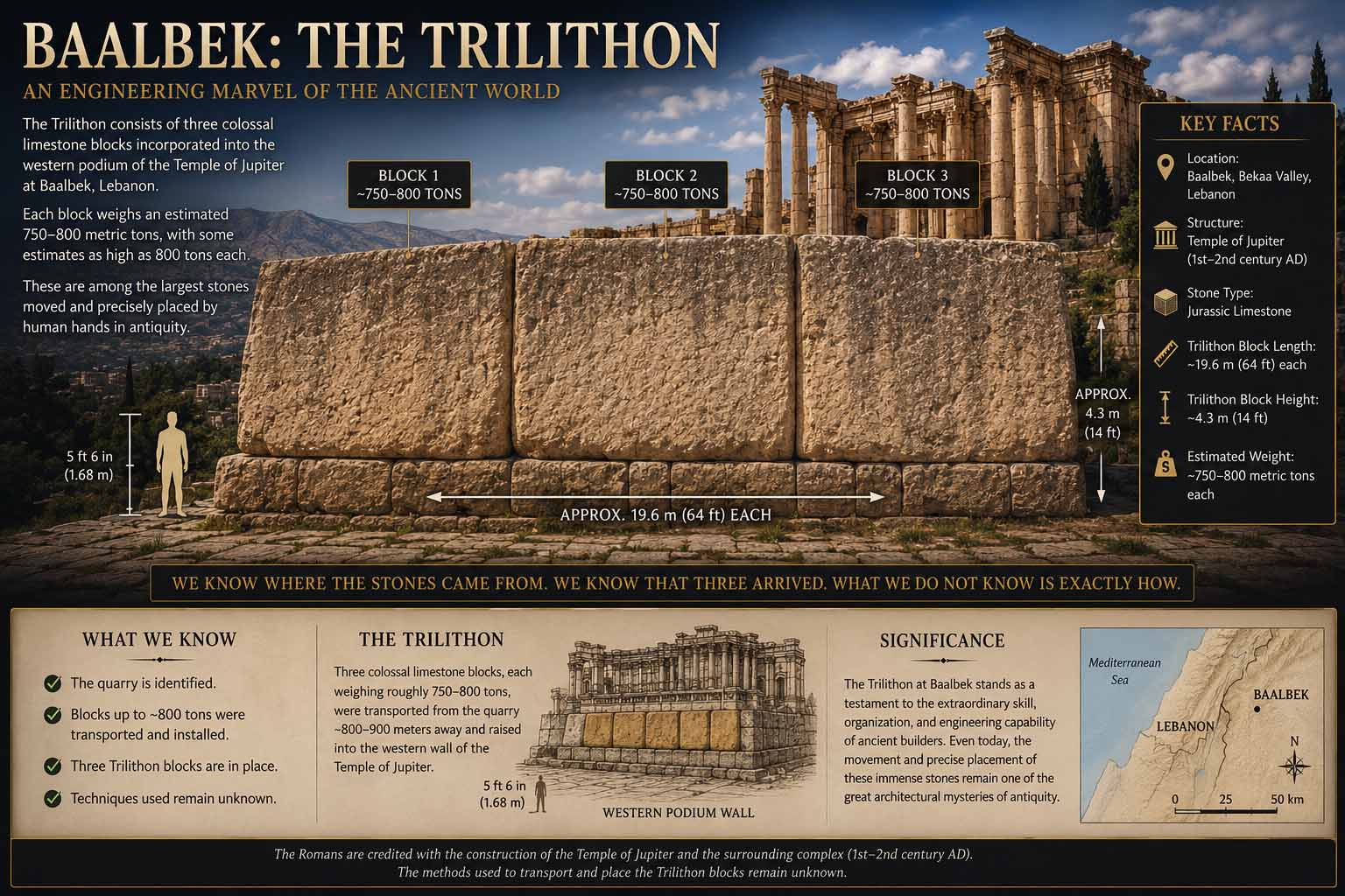 Museum engineering illustration of the enormous limestone blocks of the Baalbek Trilithon with human scale reference