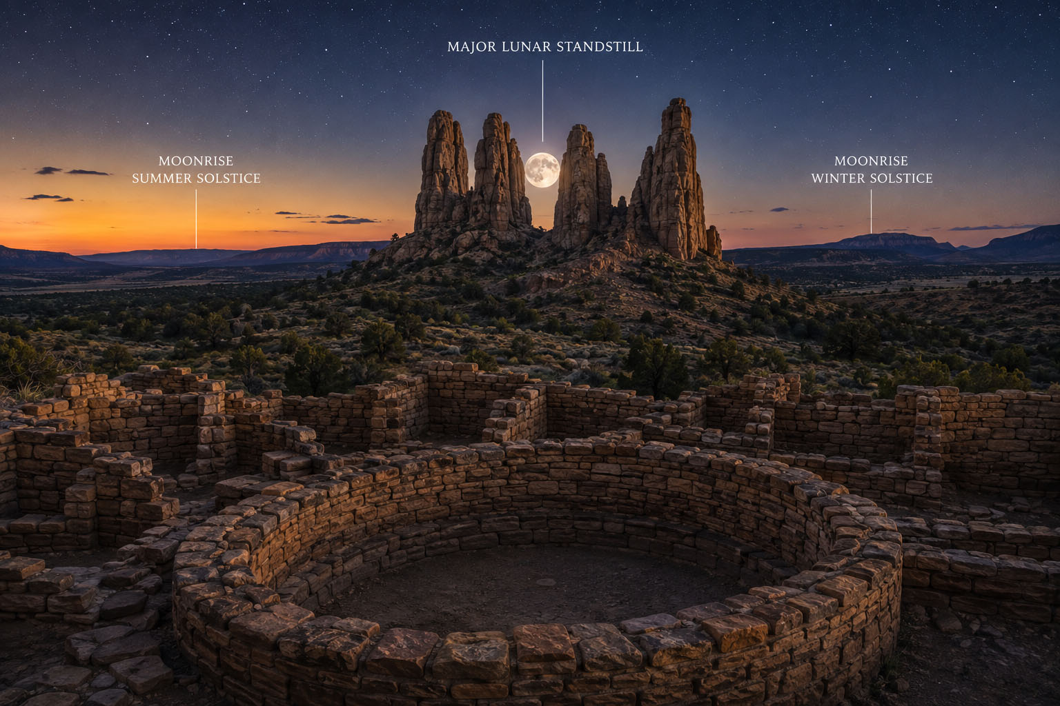 Interpretive illustration of the major lunar standstill viewed between the pinnacles at Chimney Rock, Colorado