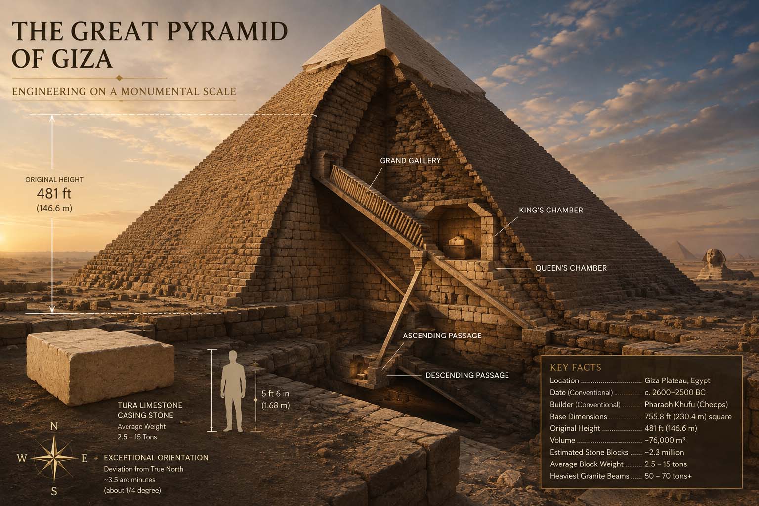 Museum engineering cutaway illustration of the Great Pyramid of Giza showing major chambers, passages, height and human scale
