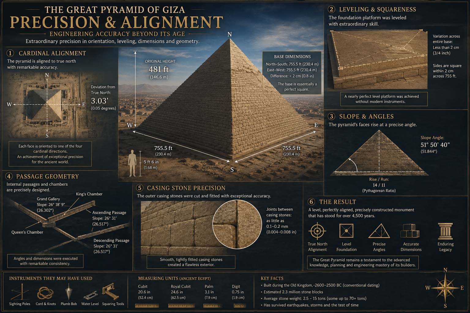 Museum technical illustration of Great Pyramid cardinal alignment, slope, base geometry, passages and casing precision