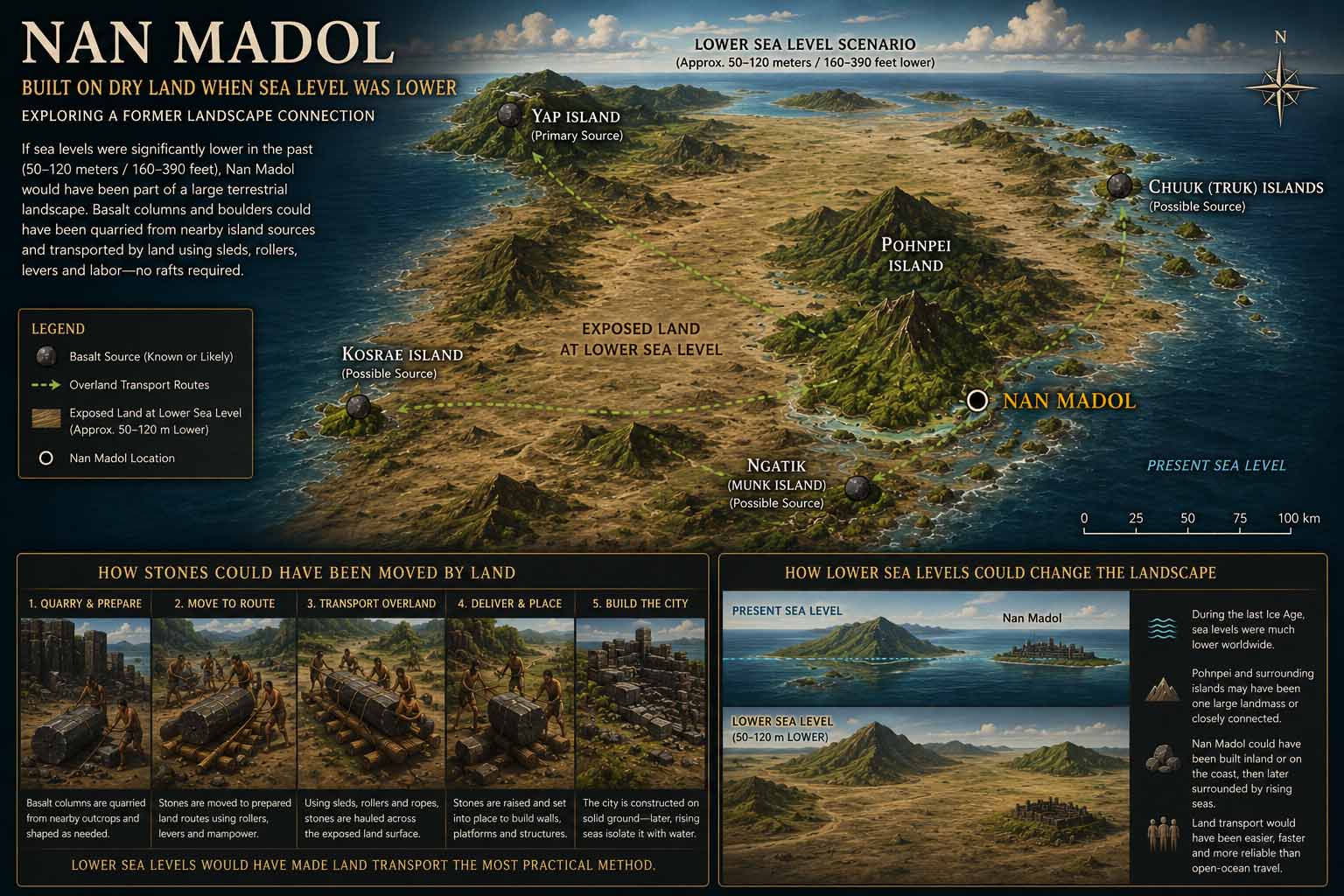 Conceptual museum illustration exploring how a substantially lower sea level could change the landscape around Nan Madol
