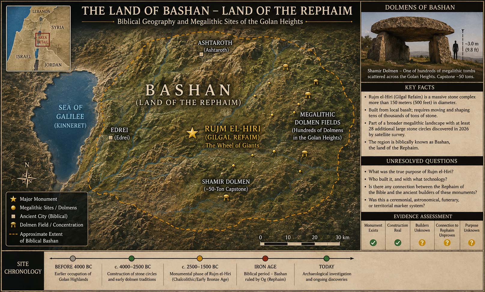 Museum map locating Rujm el-Hiri within the Golan Heights and the broader ancient Bashan landscape, with nearby megalithic and biblical geography