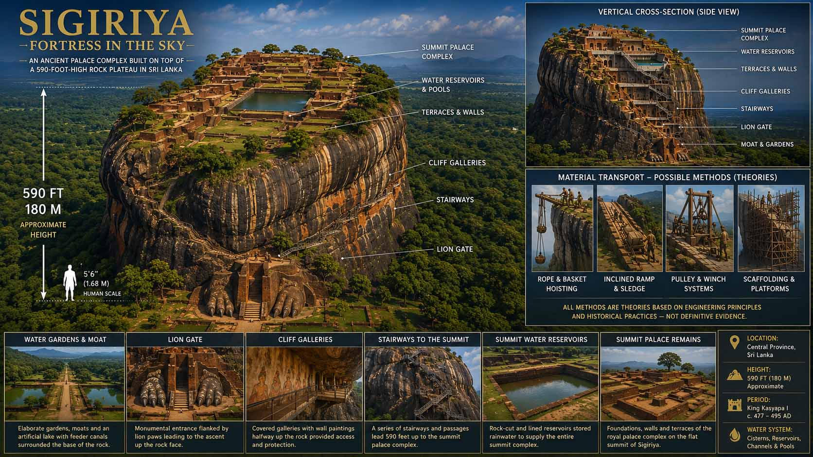 Museum engineering illustration of Sigiriya showing the rock fortress, summit complex, Lion Gate, galleries, gardens and human scale