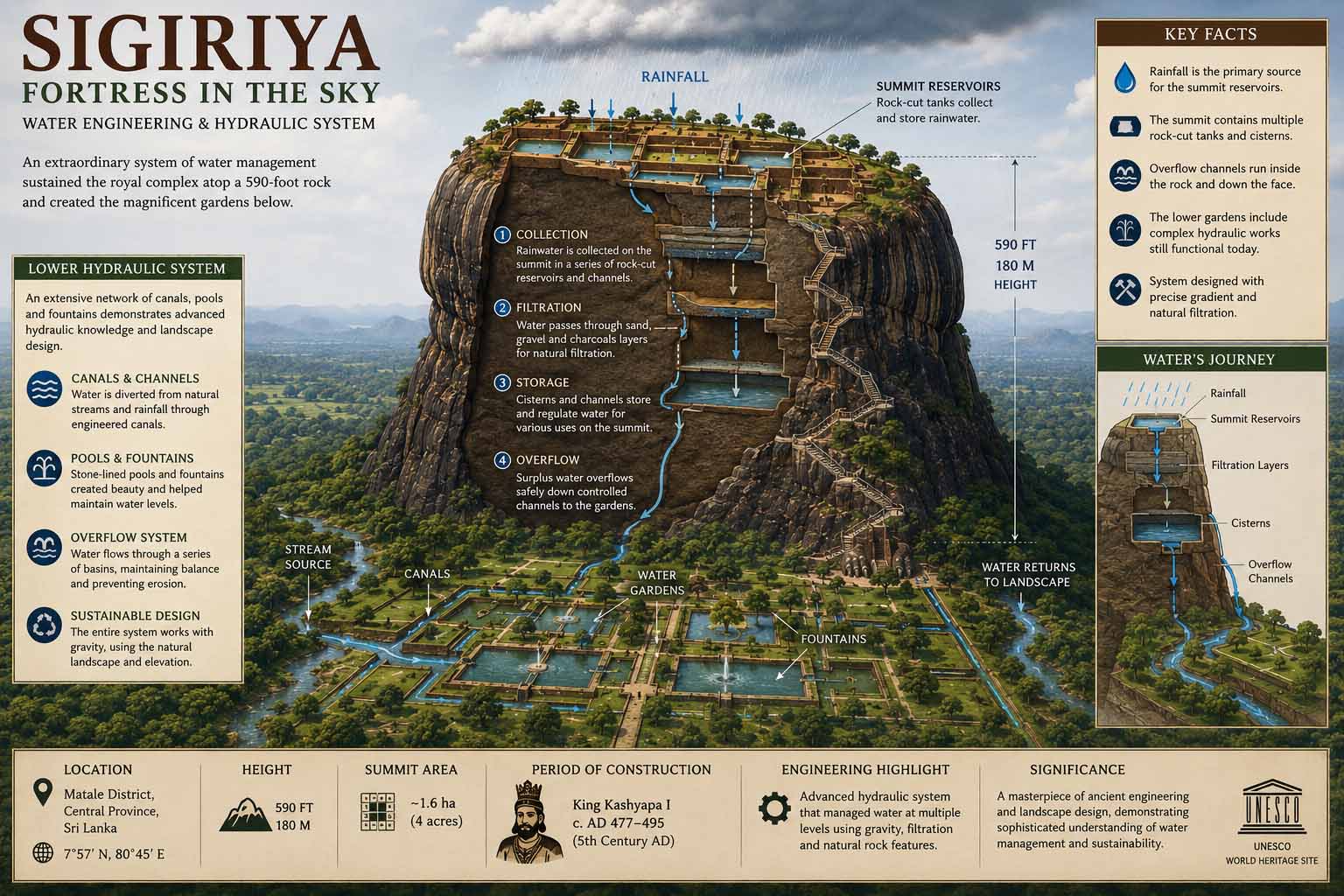 Museum cutaway illustration examining rainfall, summit reservoirs and the lower hydraulic gardens at Sigiriya