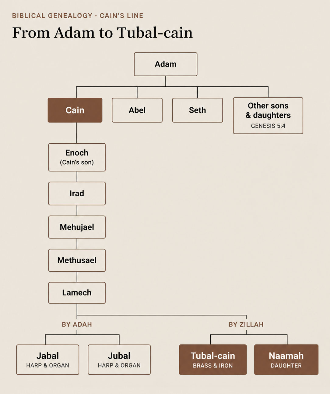 Genealogy of Cain from Adam through Enoch, Irad, Mehujael, Methusael and Lamech to Jabal, Jubal, Tubal-cain and Naamah.