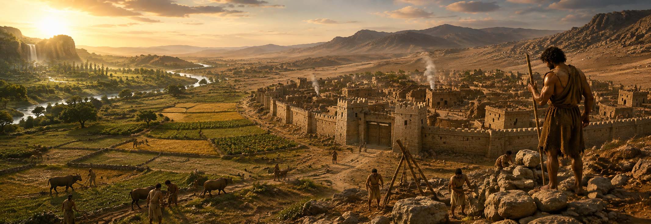 A rudimentary fortified early city with walls and towers, cultivated land around it, and a lush Eden-like landscape visible in the distance.