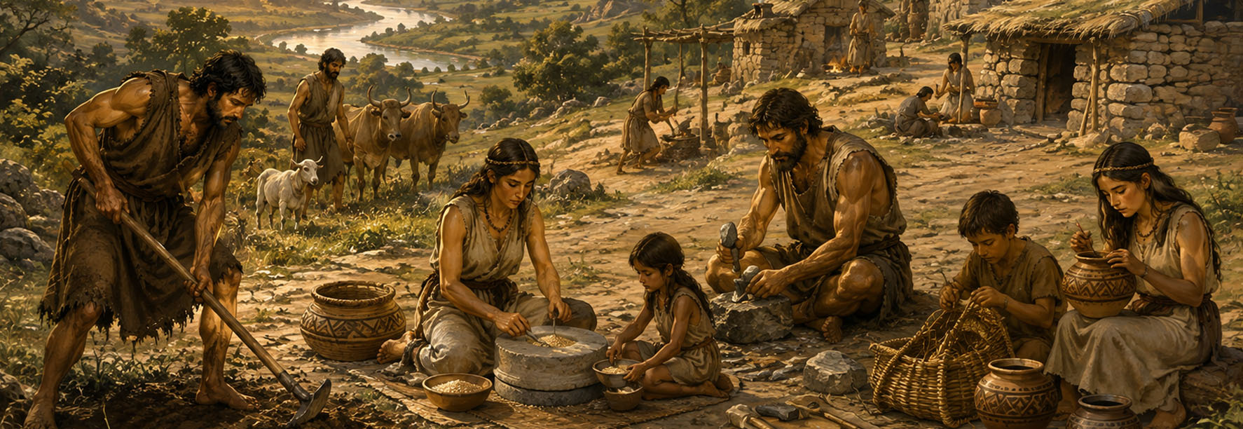 Early civilization scene showing agriculture, livestock, household crafts, pottery, stone working, and an emerging settled community.