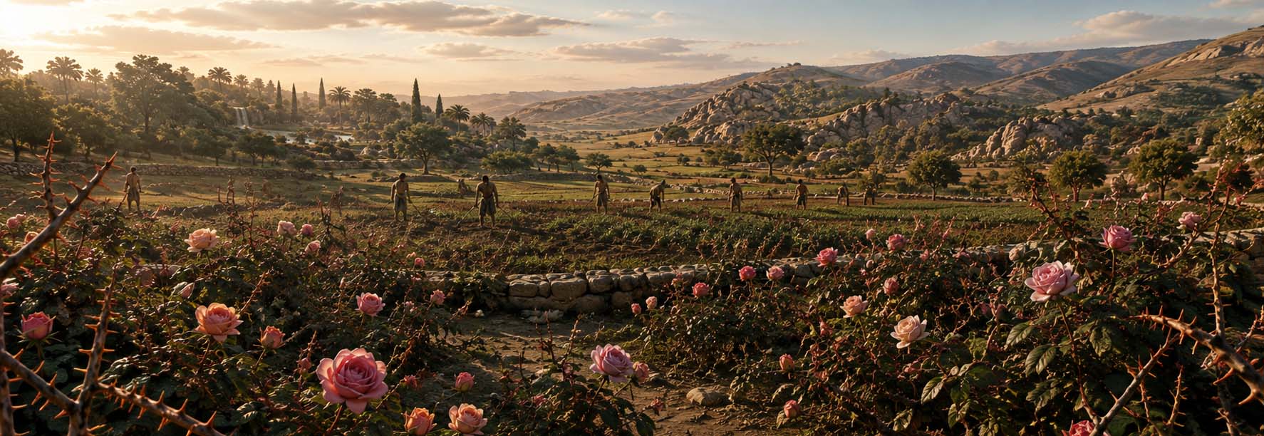 Life outside Eden, with thorny rose bushes in the foreground and people cultivating crop fields across the valley