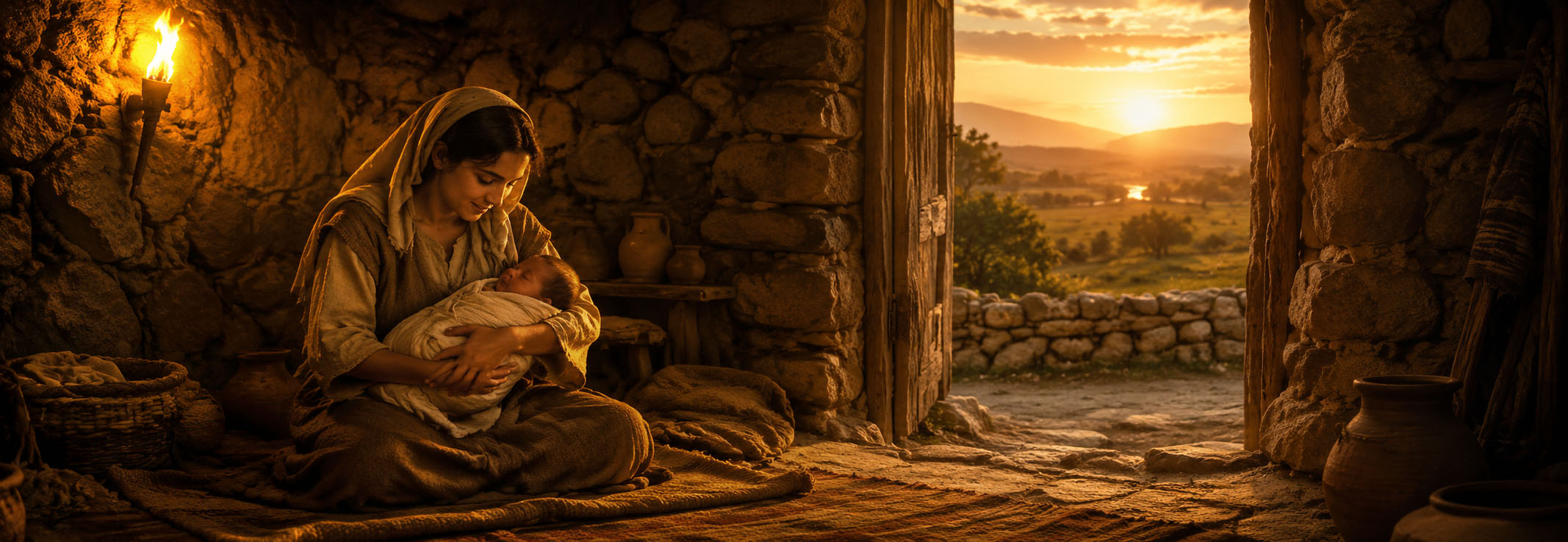 A mother cradles a newborn inside a rudimentary stone home as torchlight and the setting sun illuminate the dwelling.