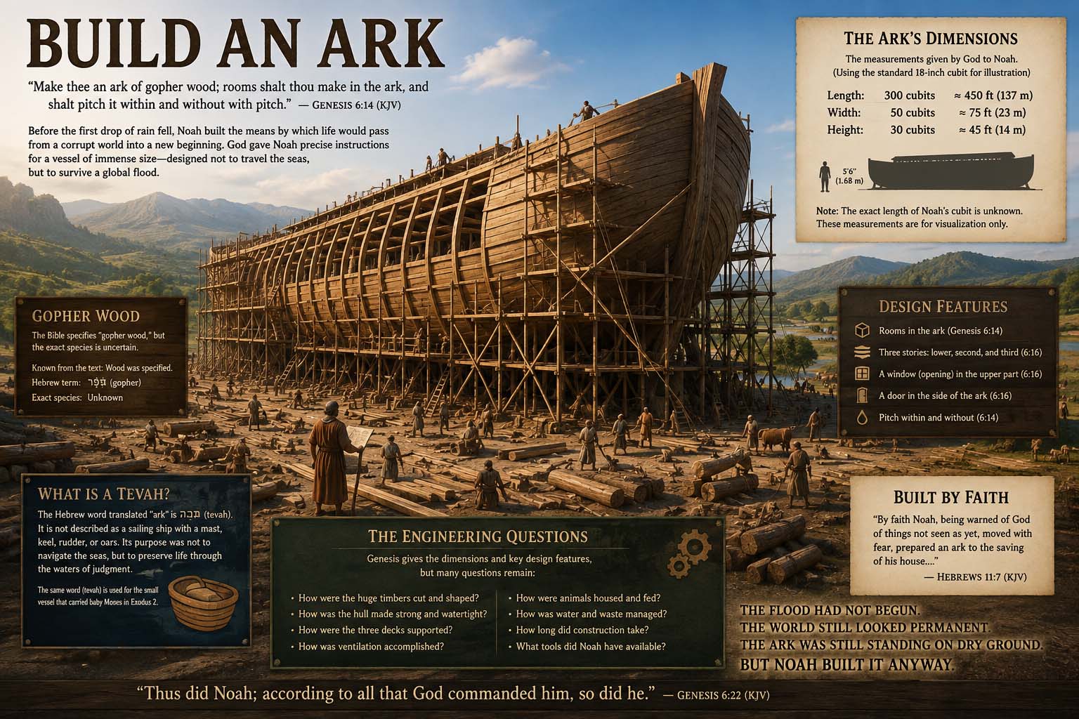 Illustrated Build an Ark exhibit showing Noah's Ark under construction with biblical dimensions, materials, design features, engineering questions, and scripture.