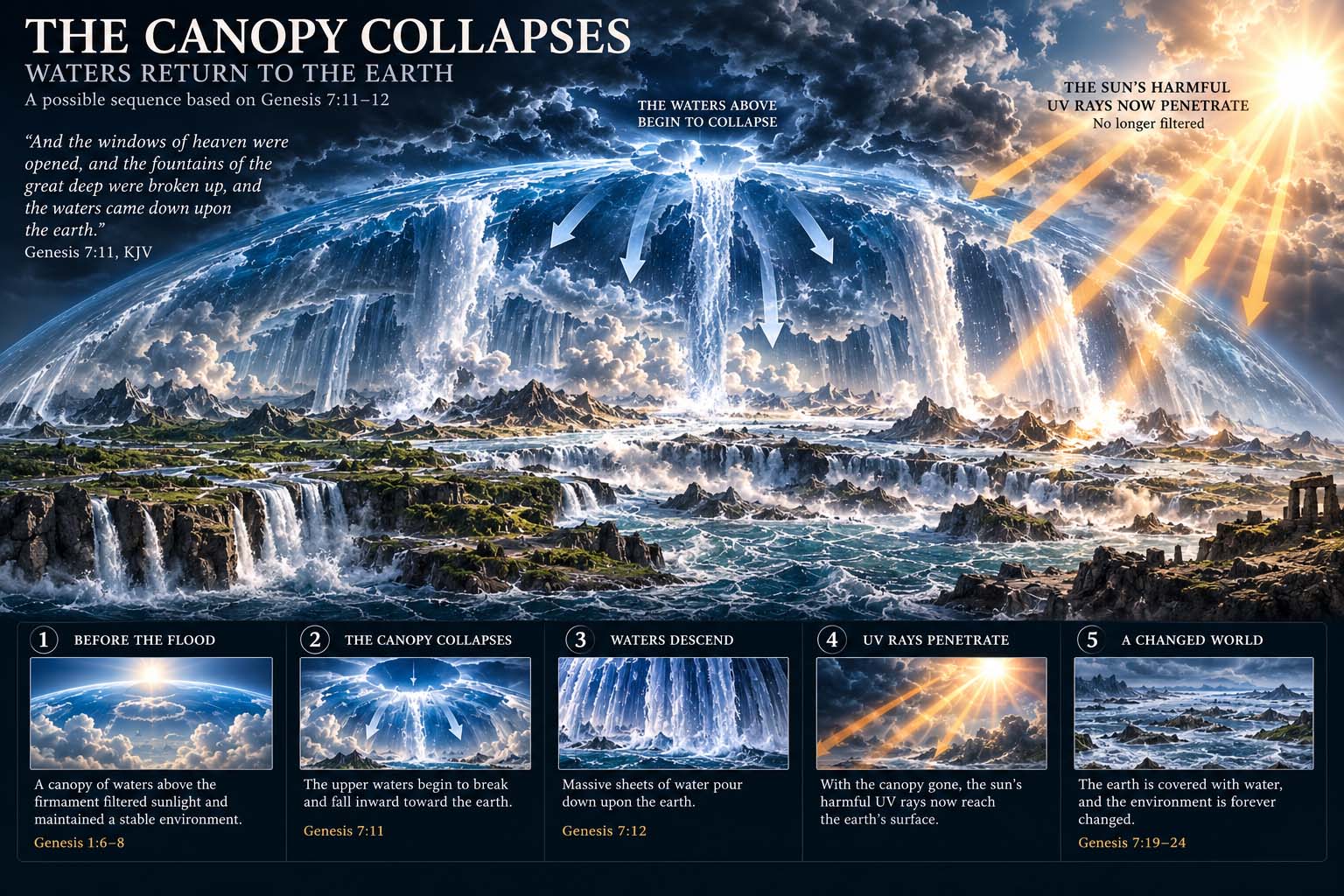 Theoretical visualization of a proposed pre-Flood canopy collapsing inward during the onset of the Flood, with immense water descending toward the earth and stronger ultraviolet radiation reaching the surface after the canopy is disrupted.