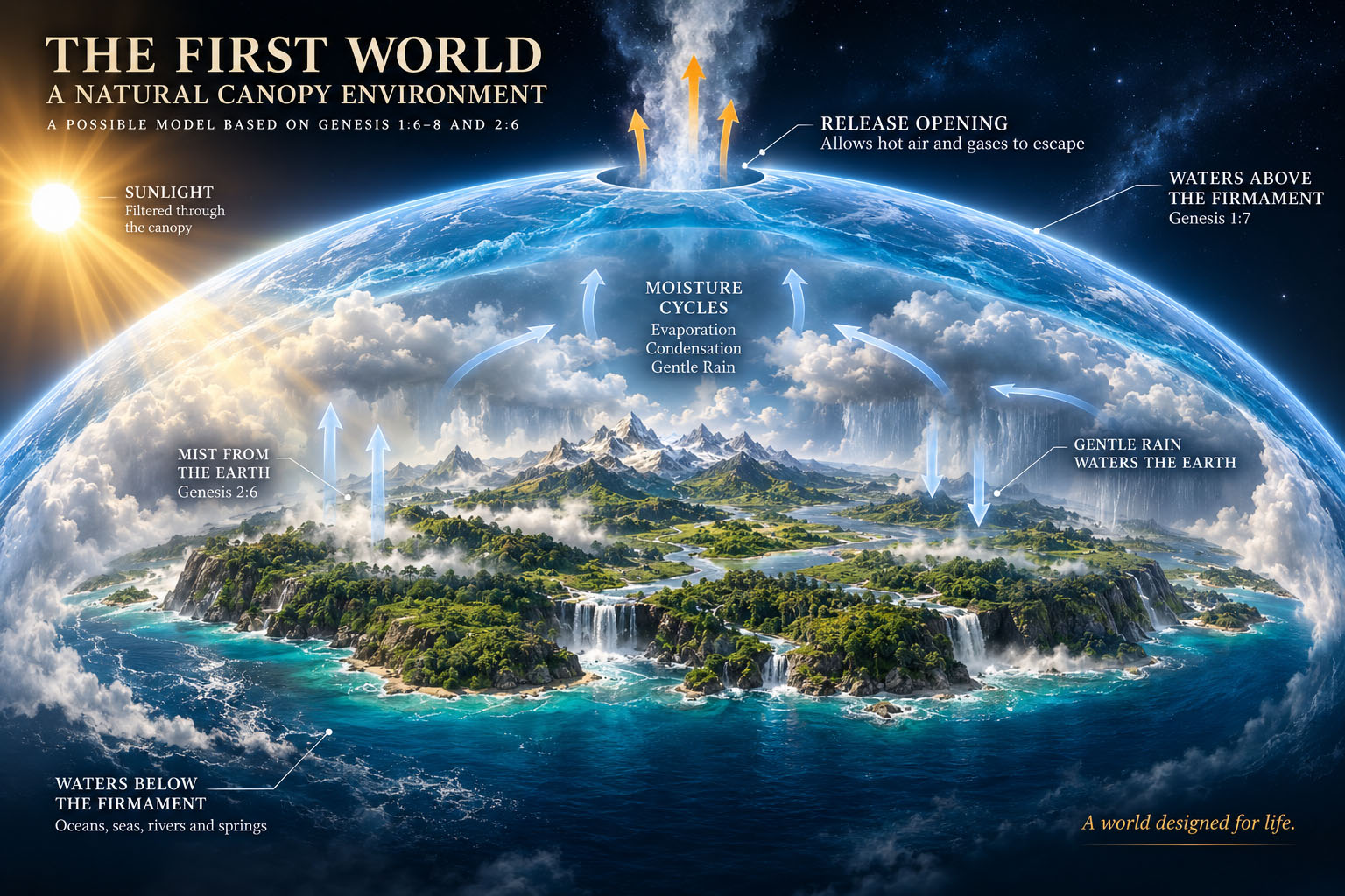 Theoretical cutaway visualization of a proposed pre-Flood canopy environment, showing moisture cycling, waters above and below, sunlight, and an upper release opening for heat and gases.