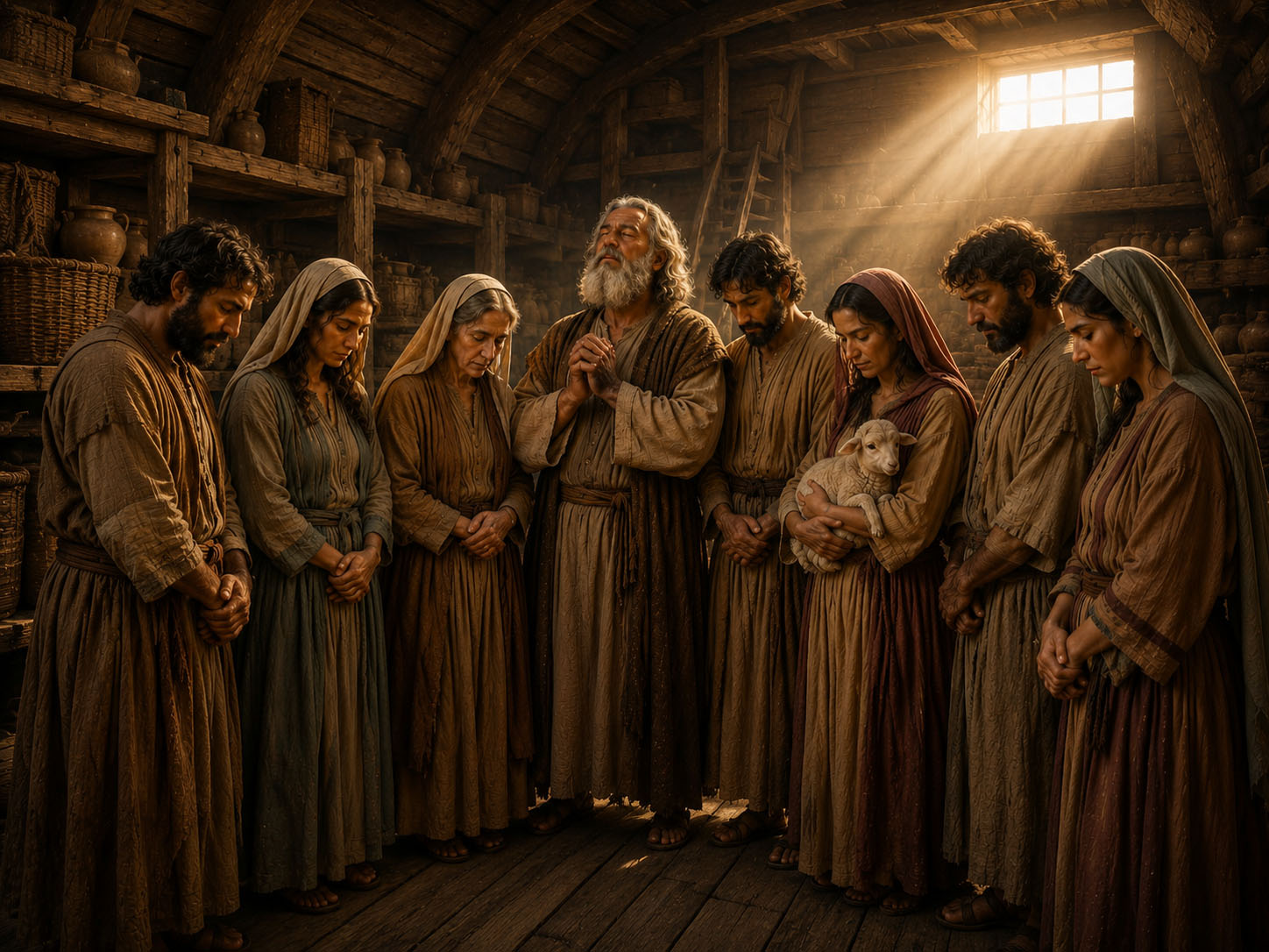 Artistic depiction of Noah and the seven members of his household gathered in prayer inside the Ark, with one of the women holding a young lamb and light entering from an upper side window.