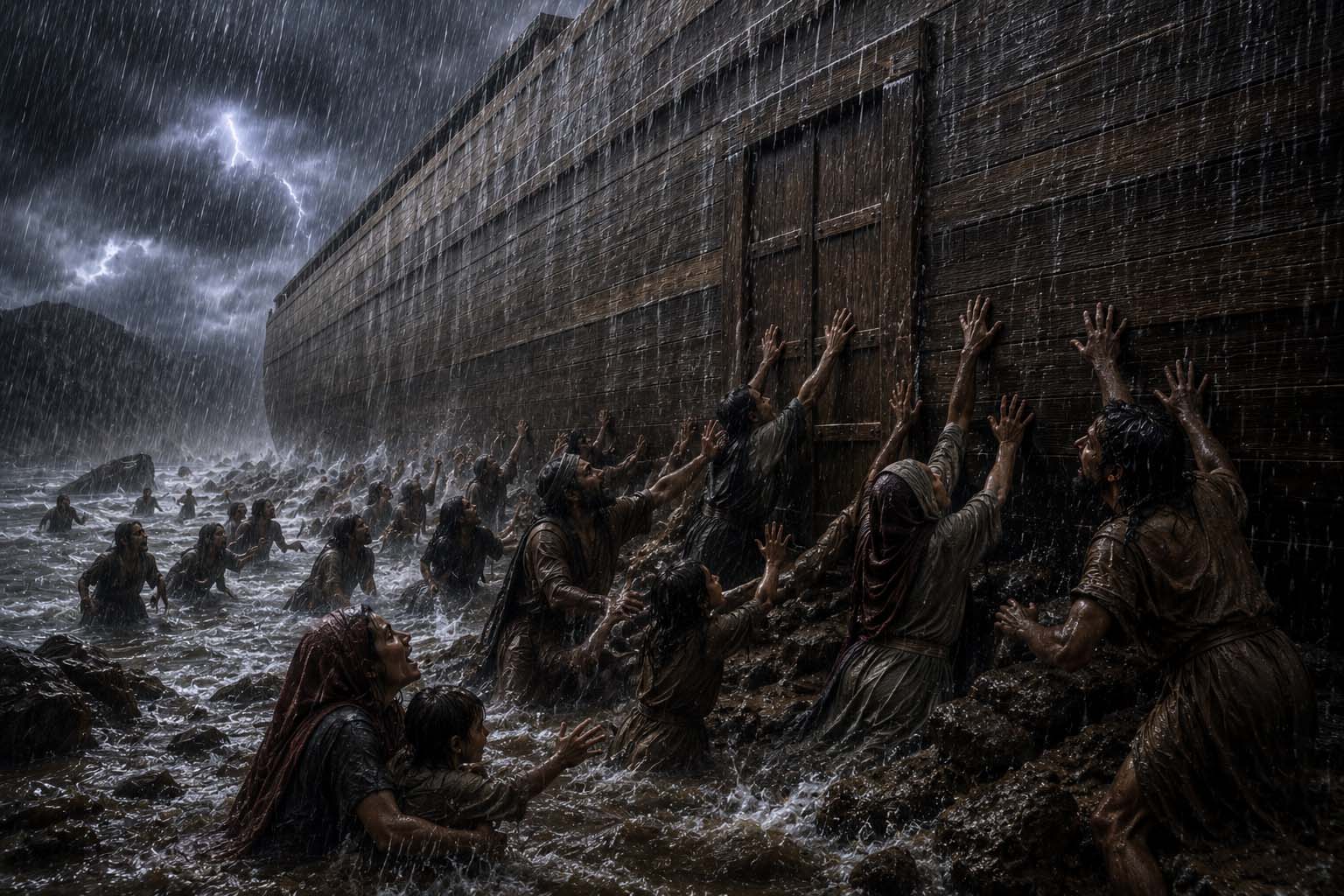 Artistic reconstruction of desperate people outside the closed Ark during the beginning of the Flood, inspired by Jasher chapter 6.