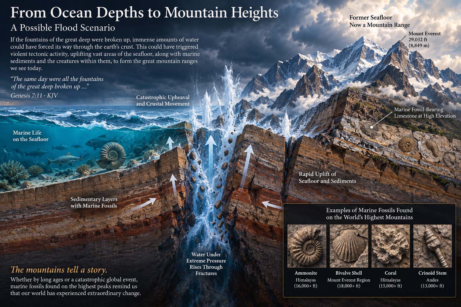 Theoretical museum reconstruction showing marine sediment layers and fossils being uplifted during a catastrophic Flood scenario, with pressurized water rising through fractured crust and high mountains forming.