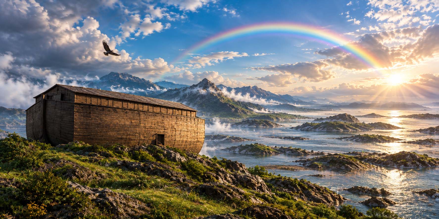 The Ark resting on exposed rocky ground as floodwaters recede, mountains and land reappear, green growth returns, blue sky opens, and a rainbow spans the post-Flood landscape.