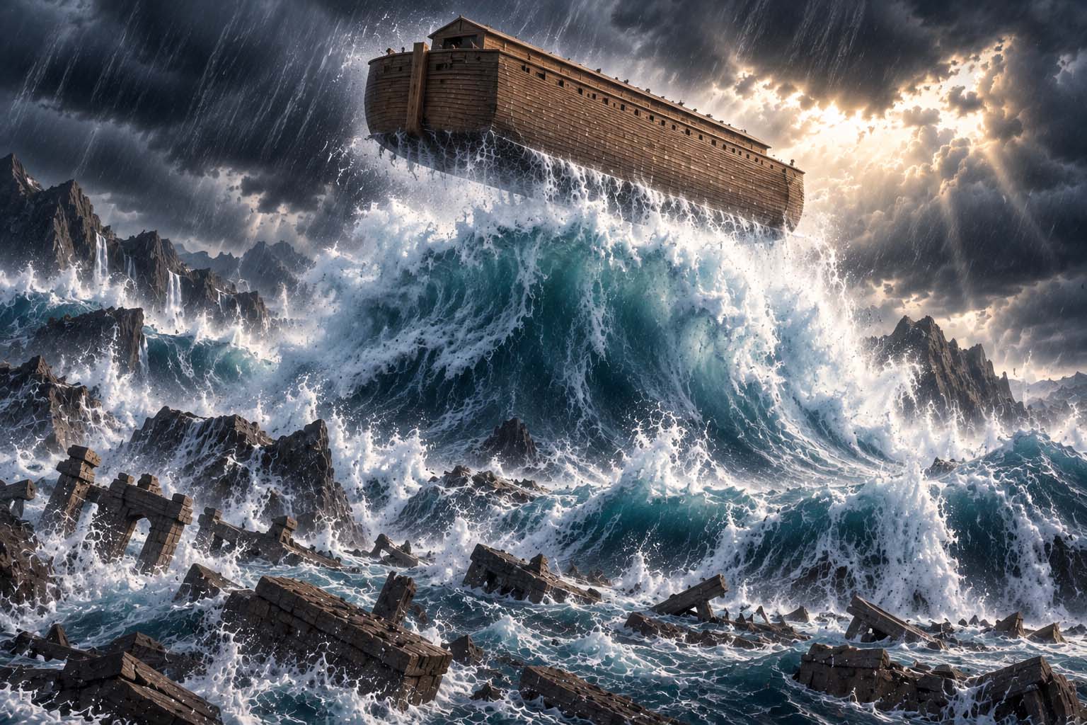 Theoretical museum reconstruction of the Ark elevated above enormous Flood waves during the initial catastrophic phase.