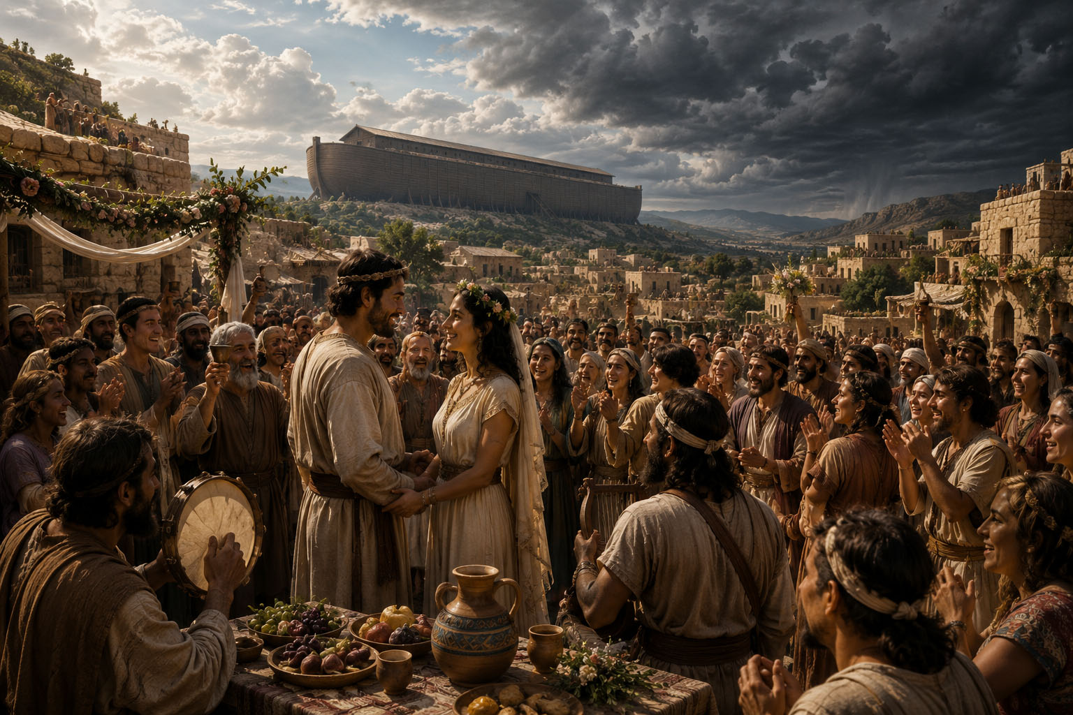 A depiction of a joyful pre-Flood wedding celebration in a town while Noah's completed Ark stands in the distance and storm clouds begin gathering.