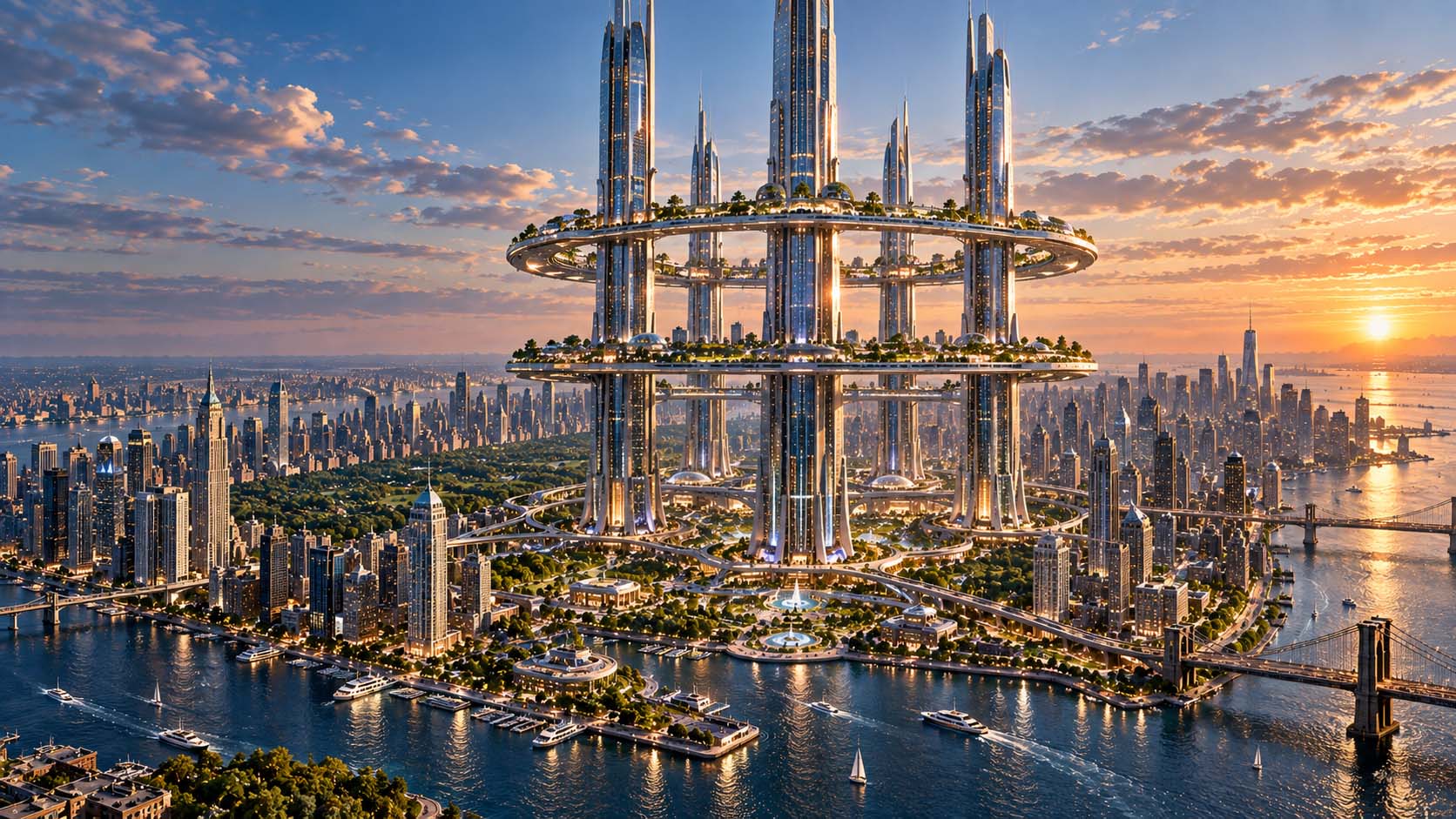 exploratory concept illustration of two-mile-high skyscrapers linked by three enormous inhabited structural rings in a future New York City, with surrounding land opened for parks, restaurants, recreation, and public space.