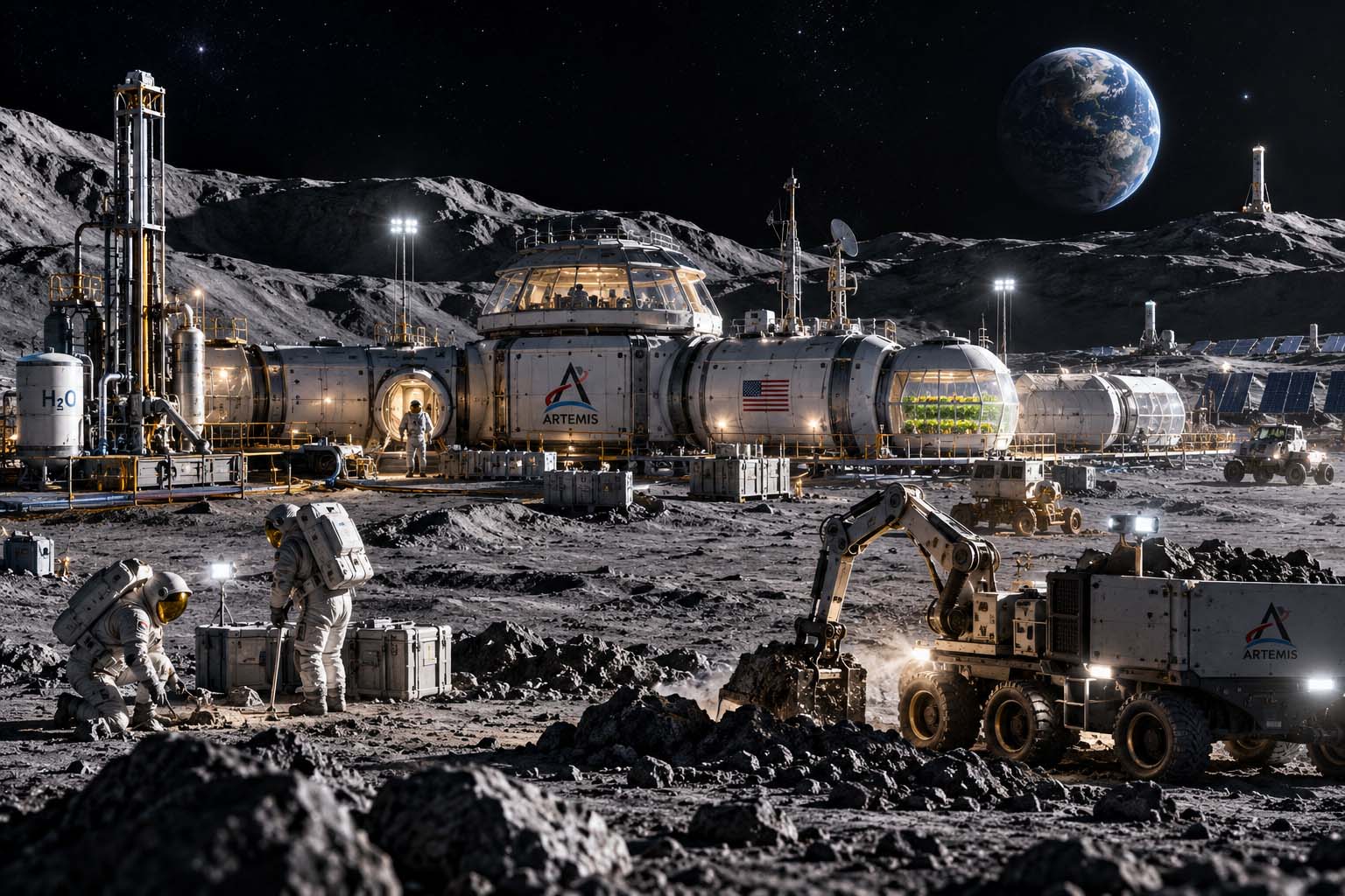 Concept illustration of a modular Artemis research and habitation outpost at the lunar South Pole with mining, water extraction, rovers, power systems, and surface operations