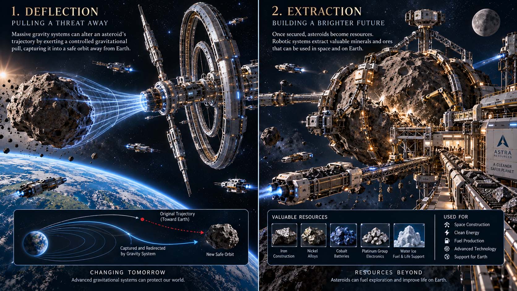 Two-panel concept illustration showing a future asteroid-deflection facility redirecting a hazardous asteroid and a second facility extracting useful mineral resources from a captured asteroid.