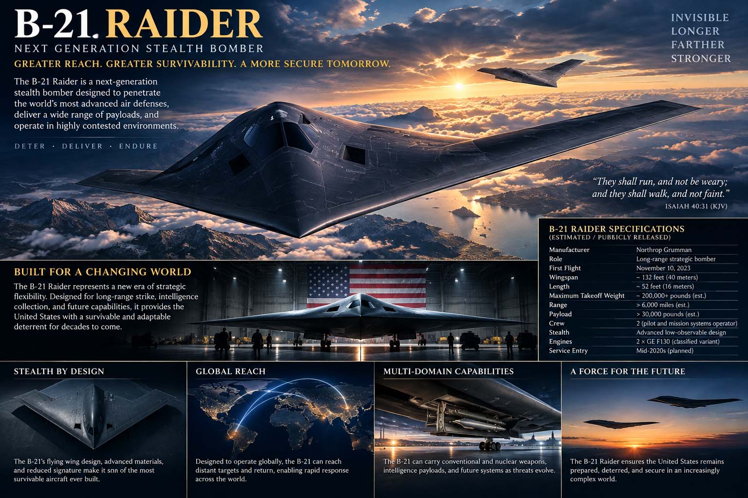 B-21 Raider museum infographic illustrating the next-generation stealth bomber, its flying-wing form, global reach, and publicly described mission concepts
