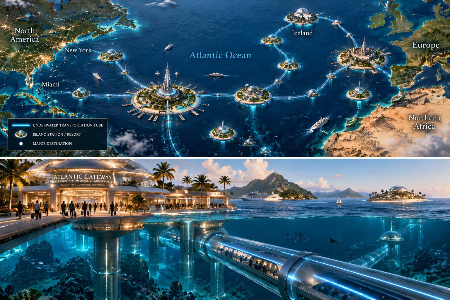 Concept illustration of a futuristic Atlantic transportation network connecting artificial island resorts by underwater transit tubes between North America, Iceland, Europe, and Northern Africa.