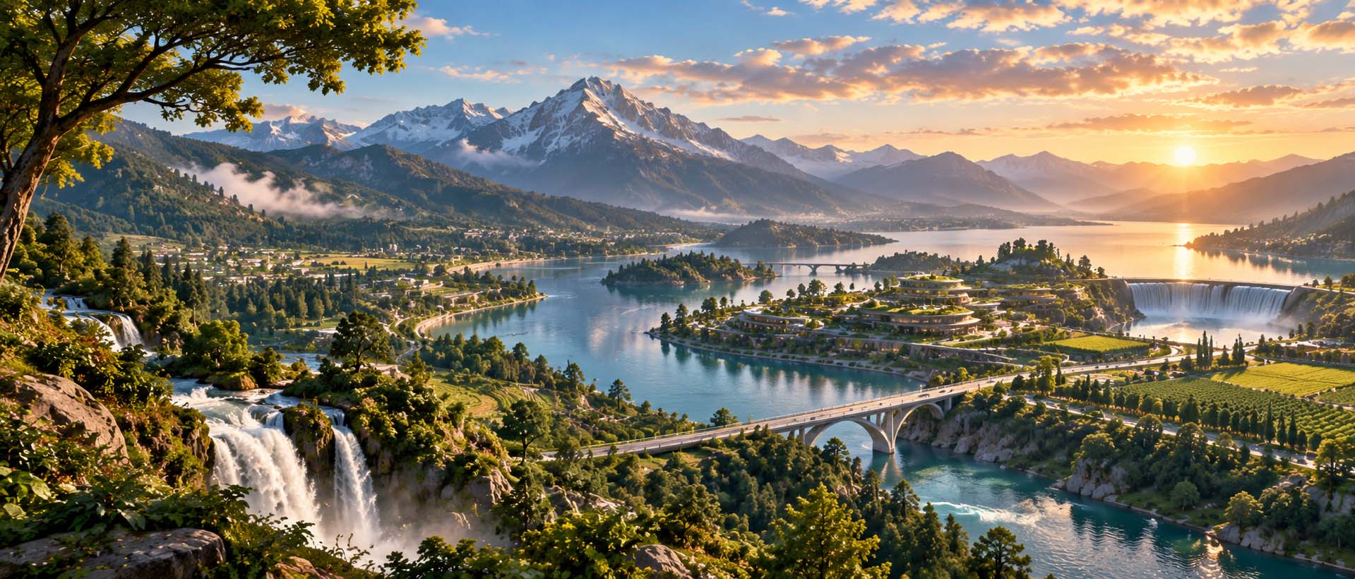 A nature-rich future landscape with mountains, waterways, bridges, cultivated land, and restrained modern development.