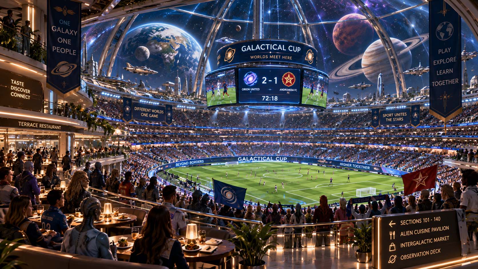 exploratory illustration of a vast Galactical Cup soccer stadium inside a transparent space dome, with fans, restaurants, spacecraft, and distant planets visible beyond the structure