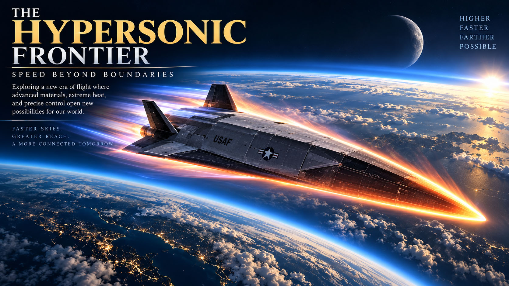 Concept illustration of a hypersonic research aircraft flying at extreme speed along the upper atmosphere above Earth.