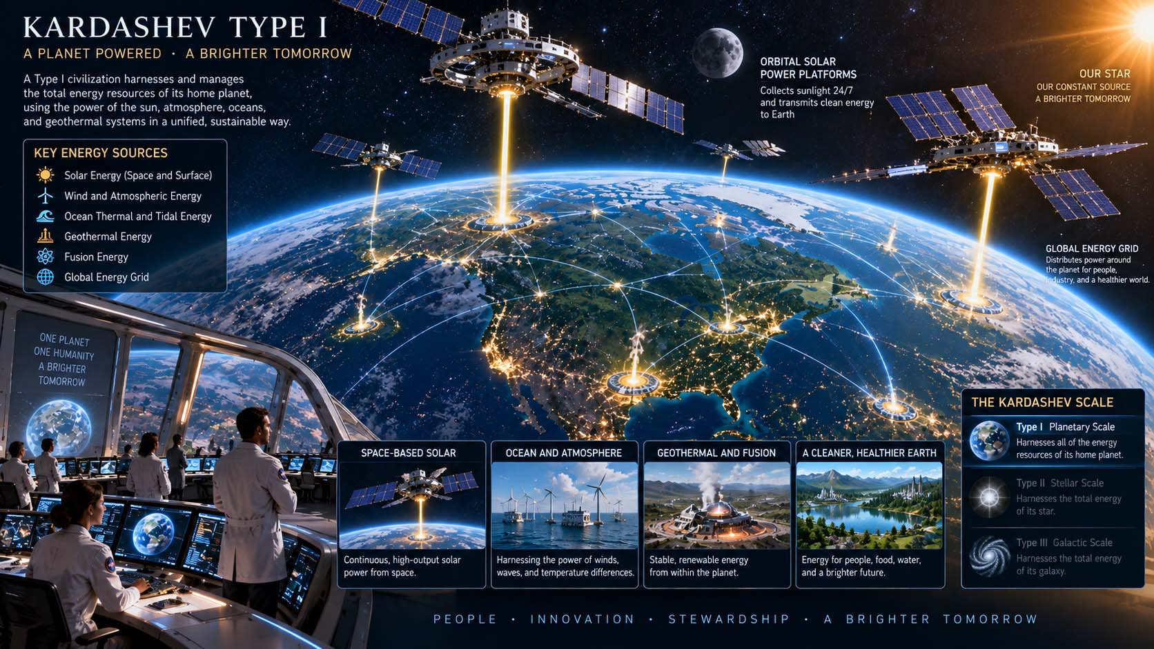 Concept illustration of a theoretical Kardashev Type I civilization coordinating planetary-scale energy systems across Earth and orbital space